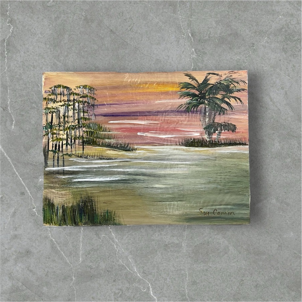 Original Sue Cannon painting #1 Orange Pink Green Palm Trees Water 12 x 9